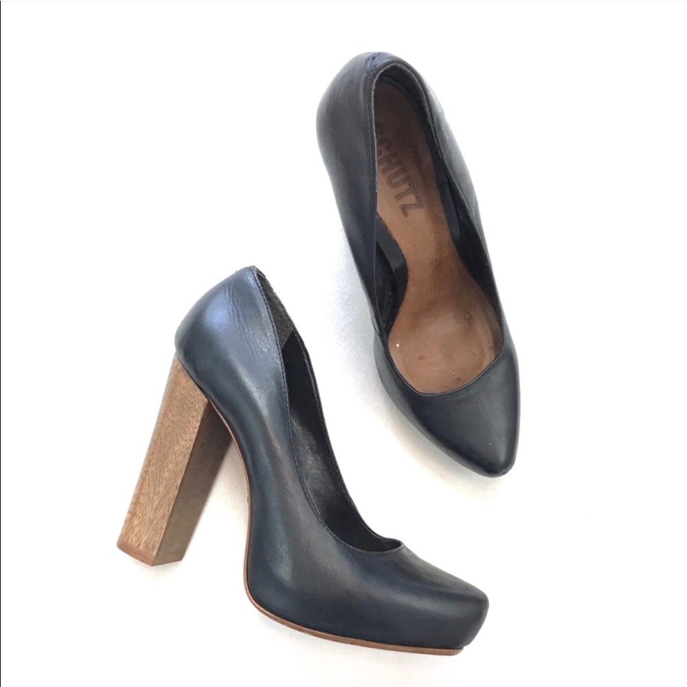 Schutz Wooden Leather Black Heels